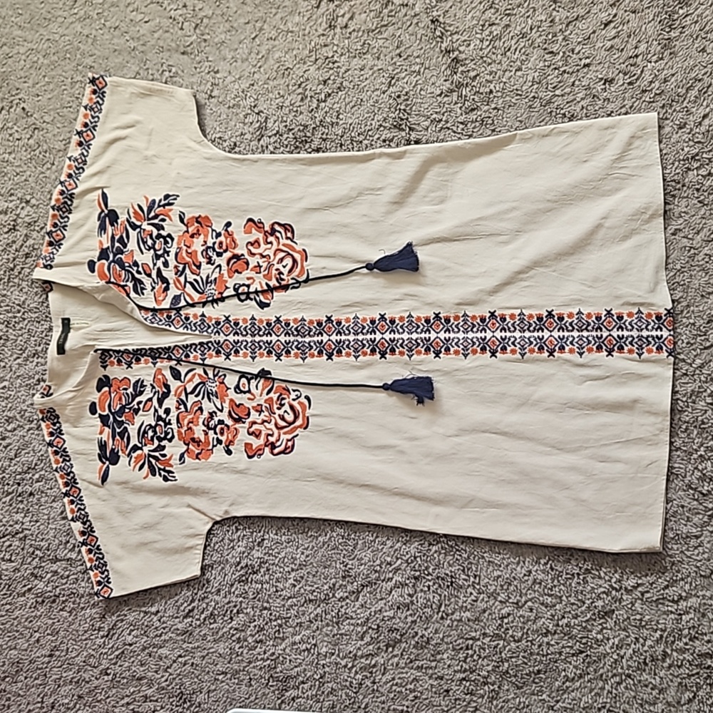 THML cream color, with blue and orange floral dress